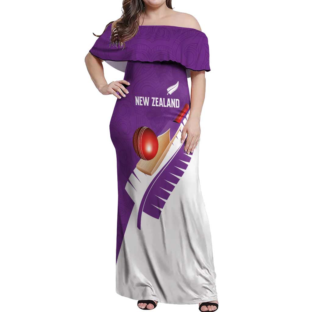 Custom New Zealand Cricket Off Shoulder Maxi Dress Kiwi Birds Haka Dance Purple Fern Sporty Style LT03 Women Purple - Polynesian Pride