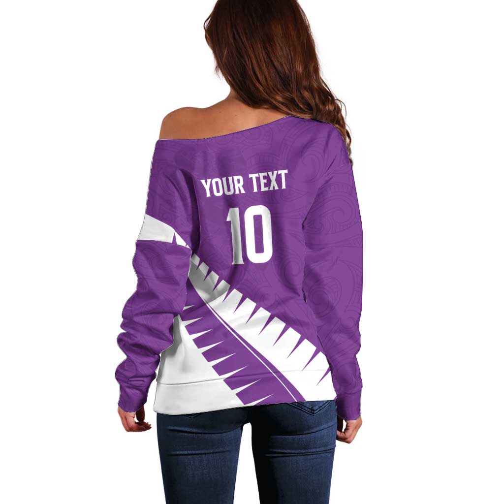 Custom New Zealand Cricket Off Shoulder Sweater Kiwi Birds Haka Dance Purple Fern Sporty Style LT03 - Polynesian Pride