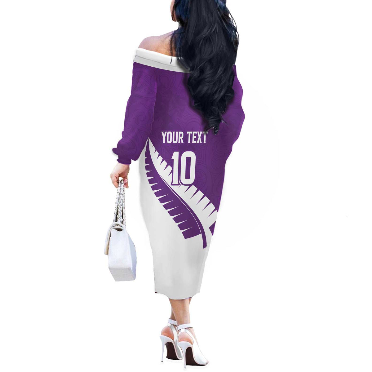 Custom New Zealand Cricket Off The Shoulder Long Sleeve Dress Kiwi Birds Haka Dance Purple Fern Sporty Style LT03 - Polynesian Pride