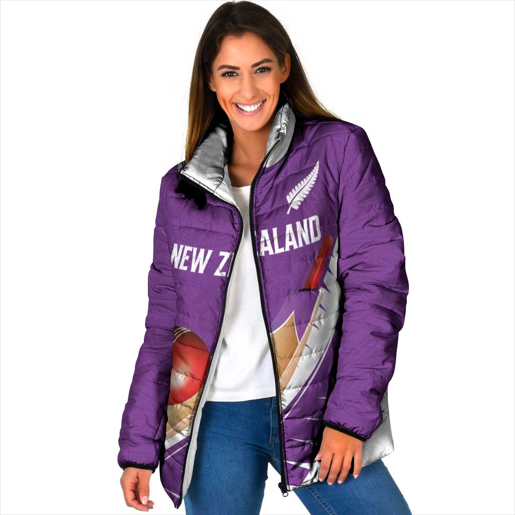 Custom New Zealand Cricket Padded Jacket Kiwi Birds Haka Dance Purple Fern Sporty Style LT03 Women Purple - Polynesian Pride
