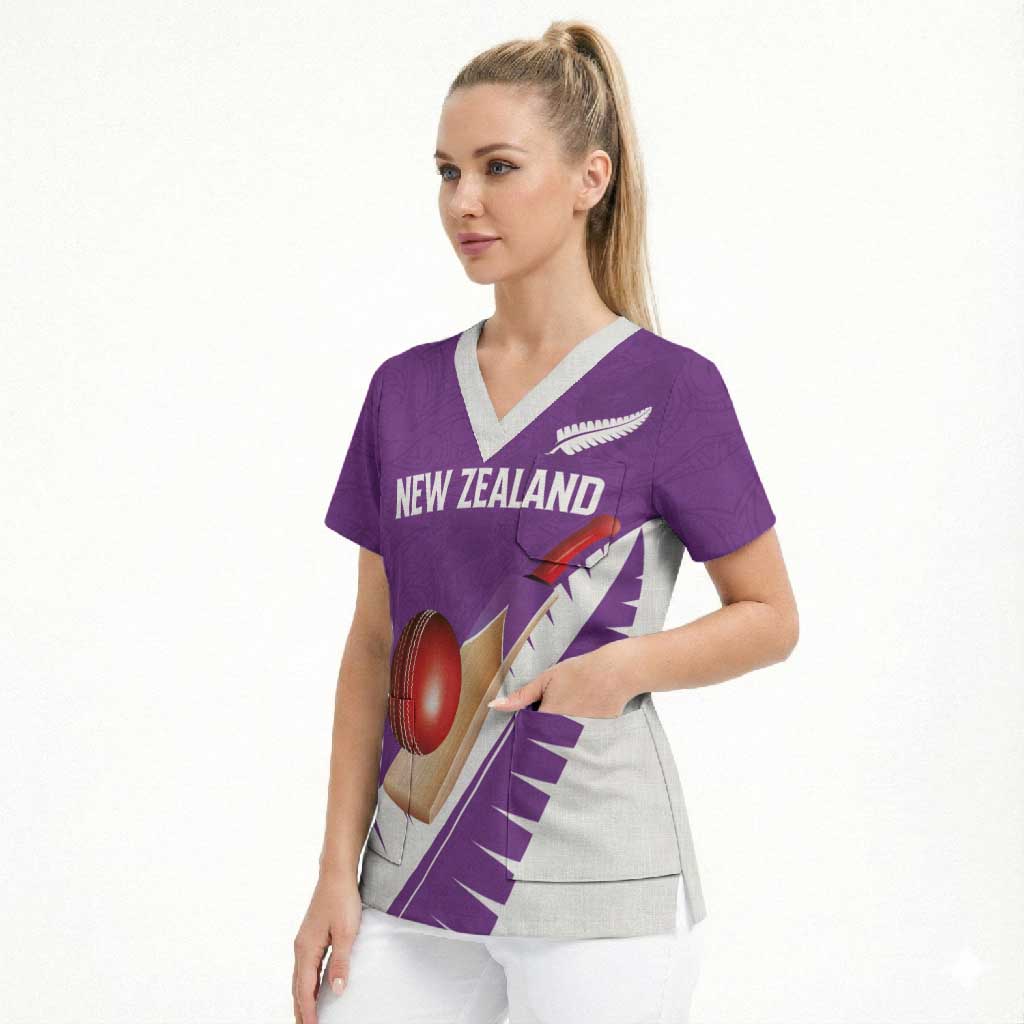 Custom New Zealand Cricket Scrub Top Kiwi Birds Haka Dance Purple Fern Sporty Style LT03 - Polynesian Pride
