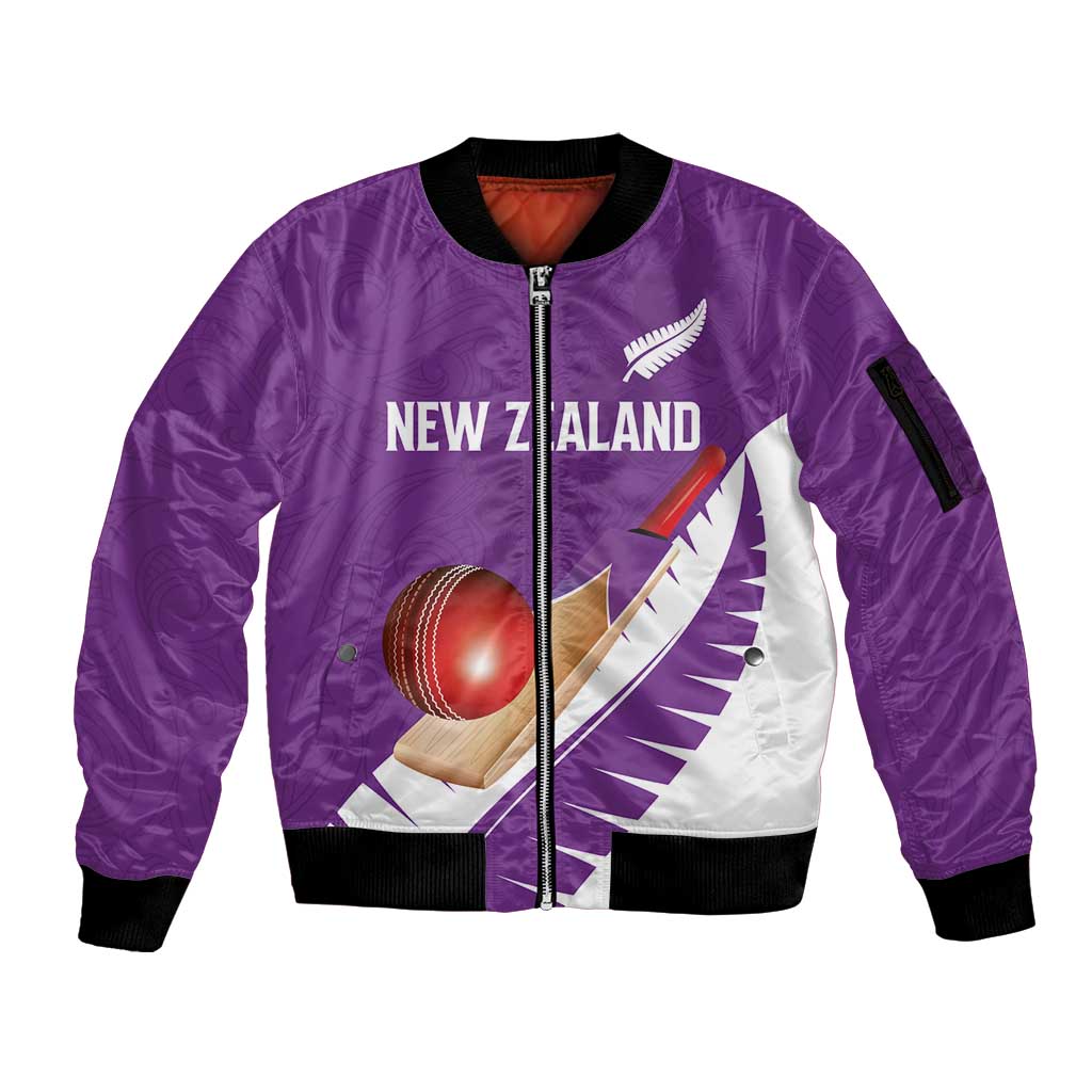Custom New Zealand Cricket Sleeve Zip Bomber Jacket Kiwi Birds Haka Dance Purple Fern Sporty Style LT03 Unisex Purple - Polynesian Pride