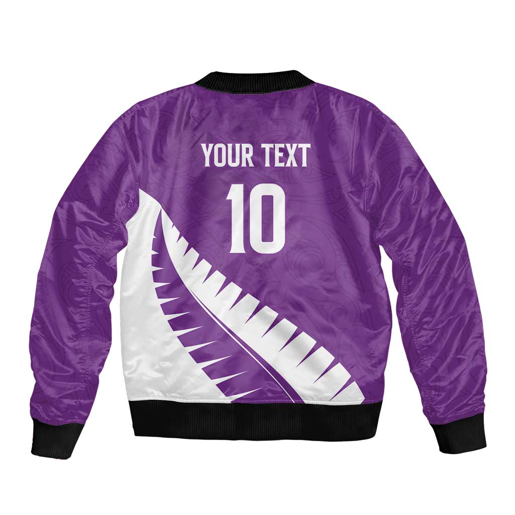 Custom New Zealand Cricket Sleeve Zip Bomber Jacket Kiwi Birds Haka Dance Purple Fern Sporty Style LT03 - Polynesian Pride