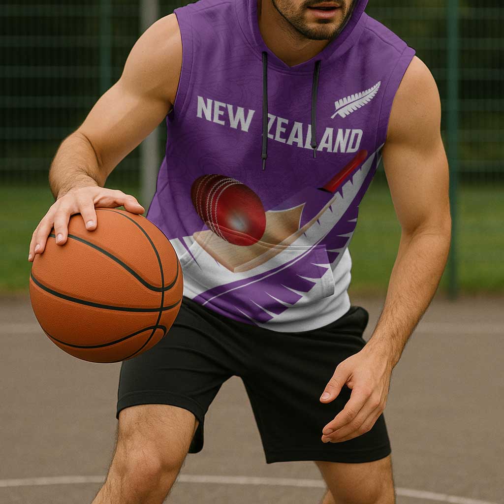 Custom New Zealand Cricket Sleeveless Hoodie Kiwi Birds Haka Dance Purple Fern Sporty Style LT03 - Polynesian Pride