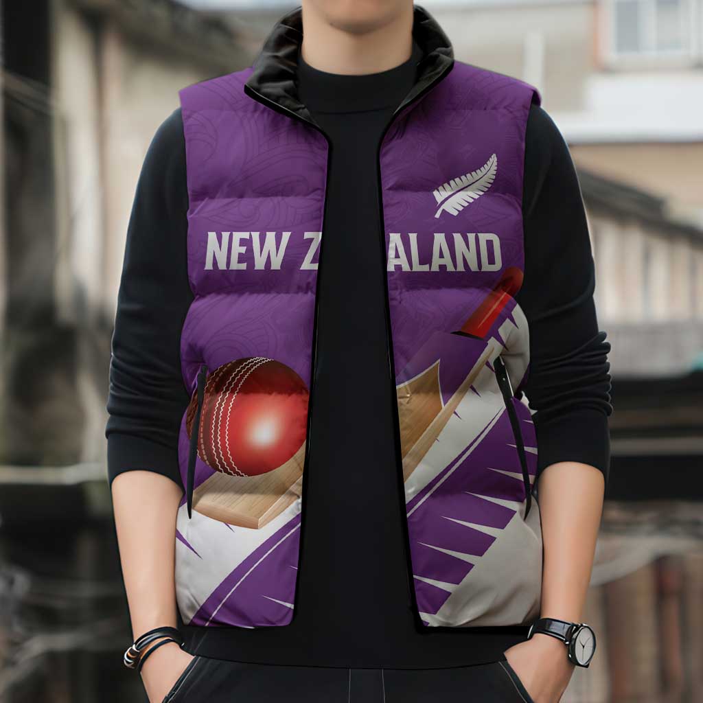 Custom New Zealand Cricket Sleeveless Puffer Jacket Kiwi Birds Haka Dance Purple Fern Sporty Style LT03 - Polynesian Pride