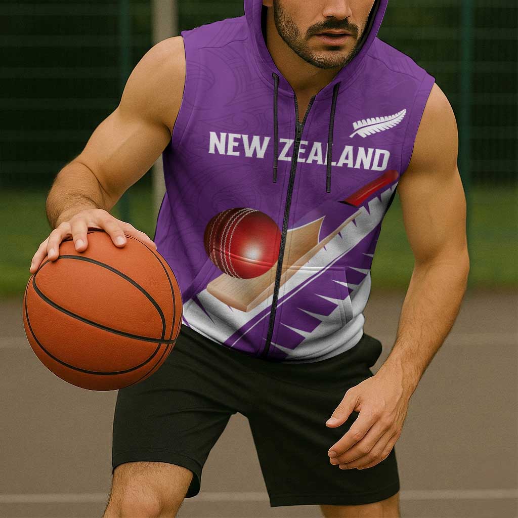 Custom New Zealand Cricket Sleeveless Zip Hoodie Kiwi Birds Haka Dance Purple Fern Sporty Style LT03 - Polynesian Pride