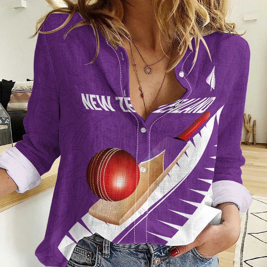 Custom New Zealand Cricket Women Casual Shirt Kiwi Birds Haka Dance Purple Fern Sporty Style LT03 Female Purple - Polynesian Pride