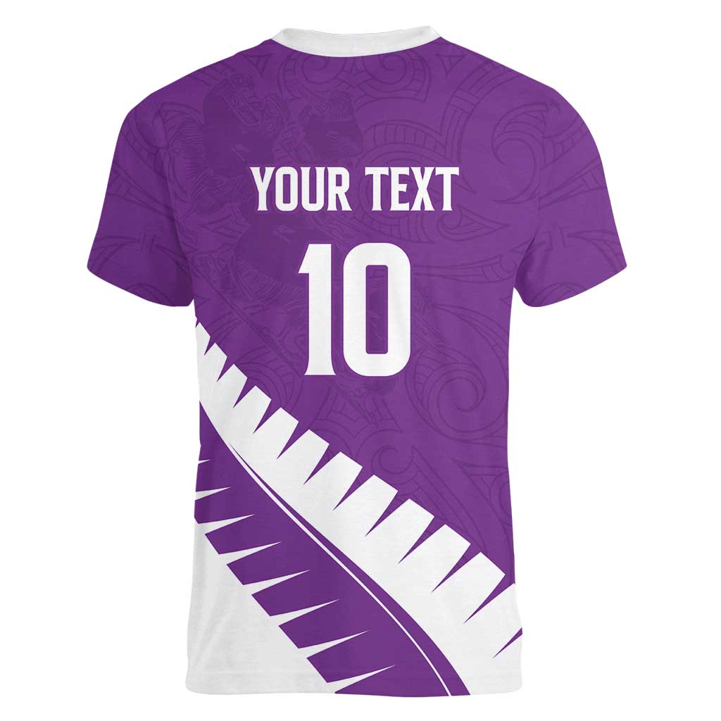 Custom New Zealand Cricket Women V-Neck T-Shirt Kiwi Birds Haka Dance Purple Fern Sporty Style LT03 - Polynesian Pride