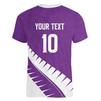 Custom New Zealand Cricket Women V-Neck T-Shirt Kiwi Birds Haka Dance Purple Fern Sporty Style LT03 - Polynesian Pride