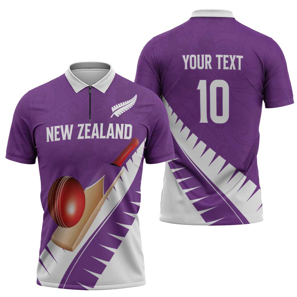 Custom New Zealand Cricket Zipper Polo Shirt Kiwi Birds Haka Dance Purple Fern Sporty Style LT03 - Polynesian Pride
