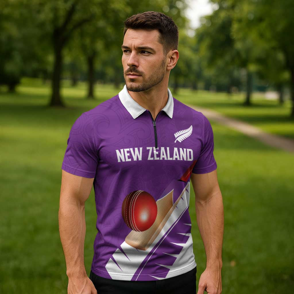 Custom New Zealand Cricket Zipper Polo Shirt Kiwi Birds Haka Dance Purple Fern Sporty Style LT03 - Polynesian Pride
