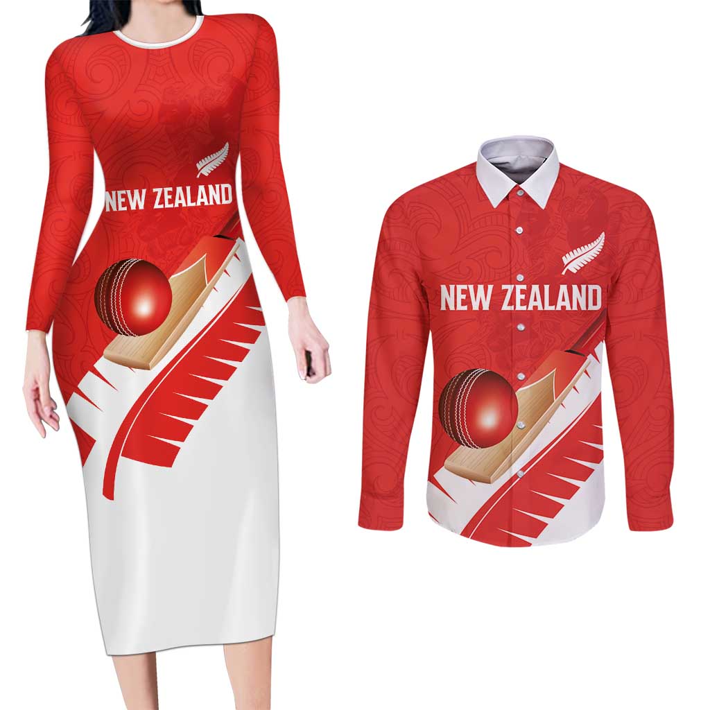Custom New Zealand Cricket Couples Matching Long Sleeve Bodycon Dress and Long Sleeve Button Shirt Kiwi Birds Haka Dance Red Fern Sporty Style LT03 Red - Polynesian Pride