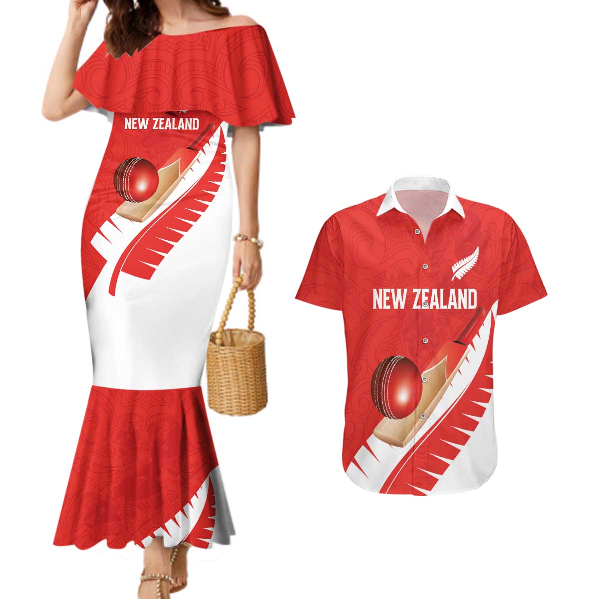 Custom New Zealand Cricket Couples Matching Mermaid Dress and Hawaiian Shirt Kiwi Birds Haka Dance Red Fern Sporty Style LT03 Red - Polynesian Pride