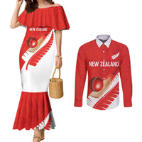 Custom New Zealand Cricket Couples Matching Mermaid Dress and Long Sleeve Button Shirt Kiwi Birds Haka Dance Red Fern Sporty Style LT03 Red - Polynesian Pride