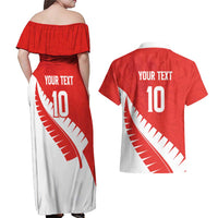 Custom New Zealand Cricket Couples Matching Off Shoulder Maxi Dress and Hawaiian Shirt Kiwi Birds Haka Dance Red Fern Sporty Style LT03 - Polynesian Pride