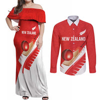 Custom New Zealand Cricket Couples Matching Off Shoulder Maxi Dress and Long Sleeve Button Shirt Kiwi Birds Haka Dance Red Fern Sporty Style LT03 Red - Polynesian Pride