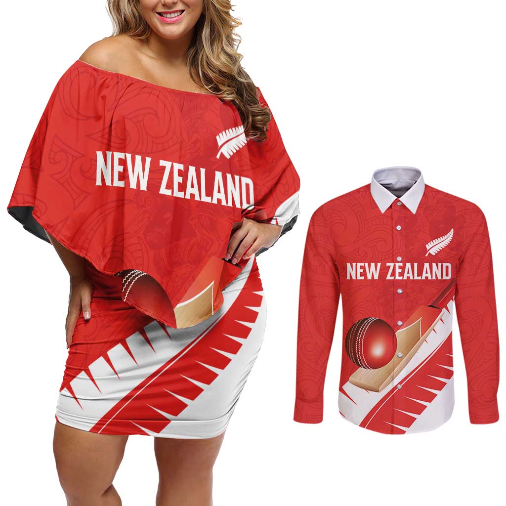 Custom New Zealand Cricket Couples Matching Off Shoulder Short Dress and Long Sleeve Button Shirt Kiwi Birds Haka Dance Red Fern Sporty Style LT03 Red - Polynesian Pride