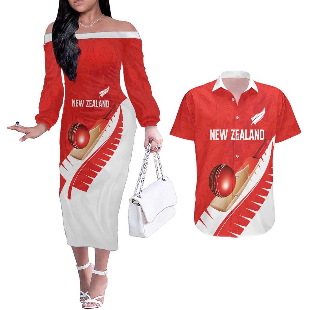 Custom New Zealand Cricket Couples Matching Off The Shoulder Long Sleeve Dress and Hawaiian Shirt Kiwi Birds Haka Dance Red Fern Sporty Style LT03 Red - Polynesian Pride