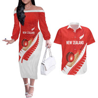 Custom New Zealand Cricket Couples Matching Off The Shoulder Long Sleeve Dress and Hawaiian Shirt Kiwi Birds Haka Dance Red Fern Sporty Style LT03 Red - Polynesian Pride