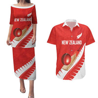 Custom New Zealand Cricket Couples Matching Puletasi and Hawaiian Shirt Kiwi Birds Haka Dance Red Fern Sporty Style LT03 Red - Polynesian Pride