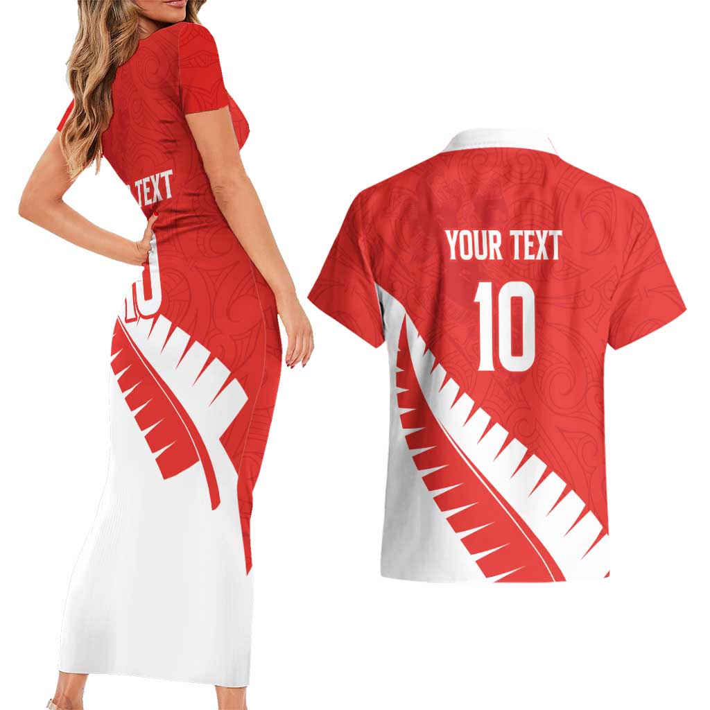 Custom New Zealand Cricket Couples Matching Short Sleeve Bodycon Dress and Hawaiian Shirt Kiwi Birds Haka Dance Red Fern Sporty Style LT03 - Polynesian Pride