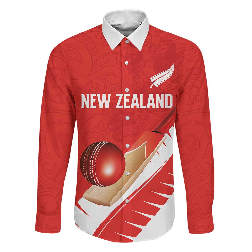 Custom New Zealand Cricket Family Matching Off The Shoulder Long Sleeve Dress and Hawaiian Shirt Kiwi Birds Haka Dance Red Fern Sporty Style LT03 Dad's Shirt - Long Sleeve Red - Polynesian Pride