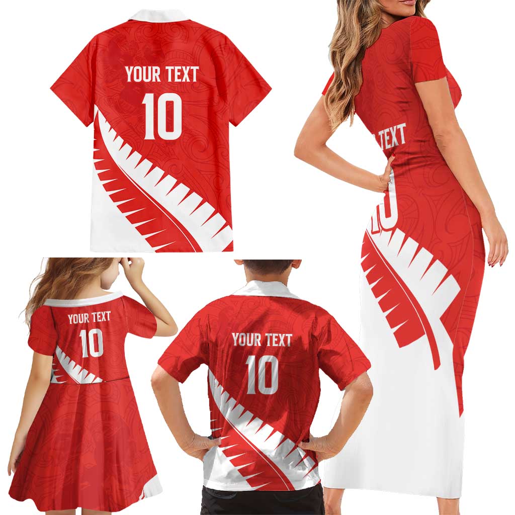 Custom New Zealand Cricket Family Matching Short Sleeve Bodycon Dress and Hawaiian Shirt Kiwi Birds Haka Dance Red Fern Sporty Style LT03 - Polynesian Pride