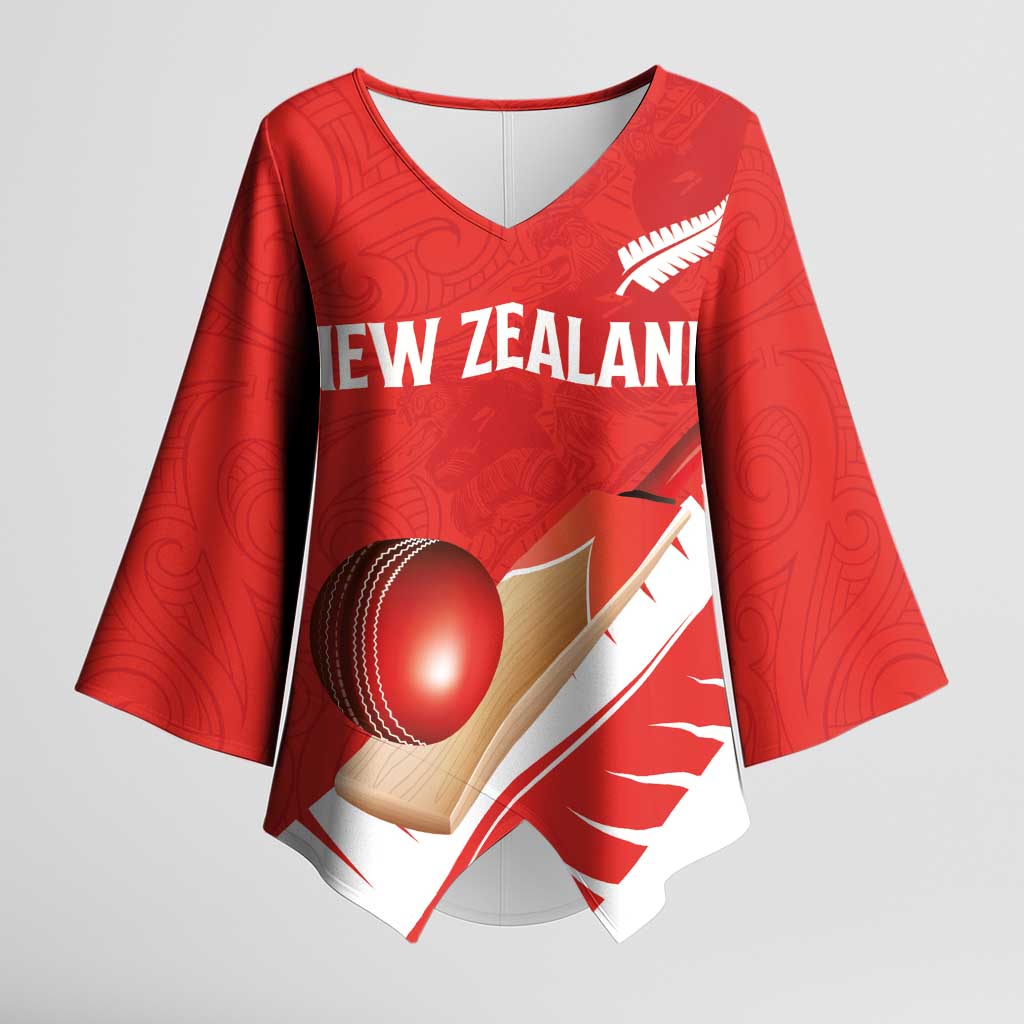 Custom New Zealand Cricket Kimono Sleeve Blouse Kiwi Birds Haka Dance Red Fern Sporty Style LT03 Female Red - Polynesian Pride