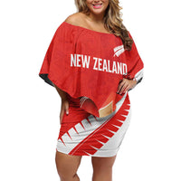 Custom New Zealand Cricket Off Shoulder Short Dress Kiwi Birds Haka Dance Red Fern Sporty Style LT03 Women Red - Polynesian Pride