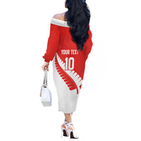 Custom New Zealand Cricket Off The Shoulder Long Sleeve Dress Kiwi Birds Haka Dance Red Fern Sporty Style LT03 - Polynesian Pride