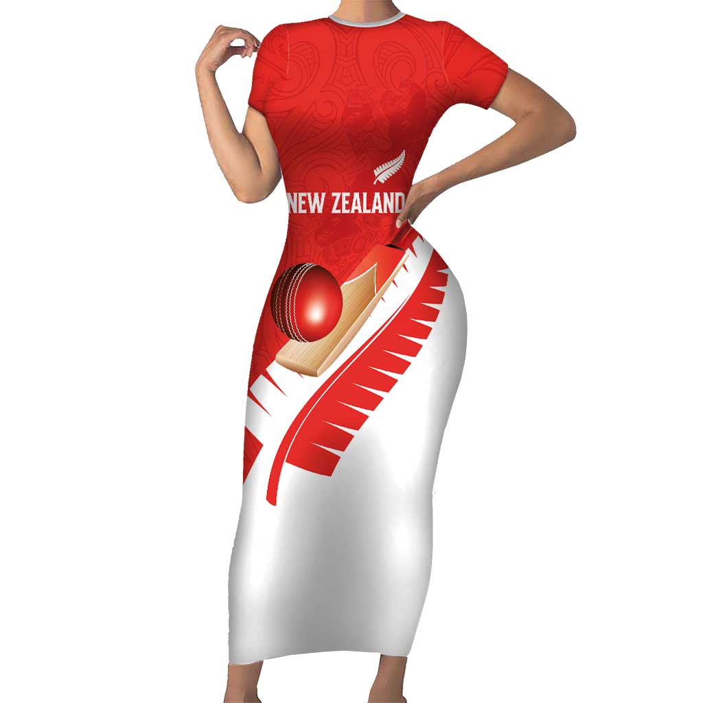 Custom New Zealand Cricket Short Sleeve Bodycon Dress Kiwi Birds Haka Dance Red Fern Sporty Style LT03 Long Dress Red - Polynesian Pride