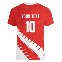 Custom New Zealand Cricket Women V-Neck T-Shirt Kiwi Birds Haka Dance Red Fern Sporty Style LT03 - Polynesian Pride