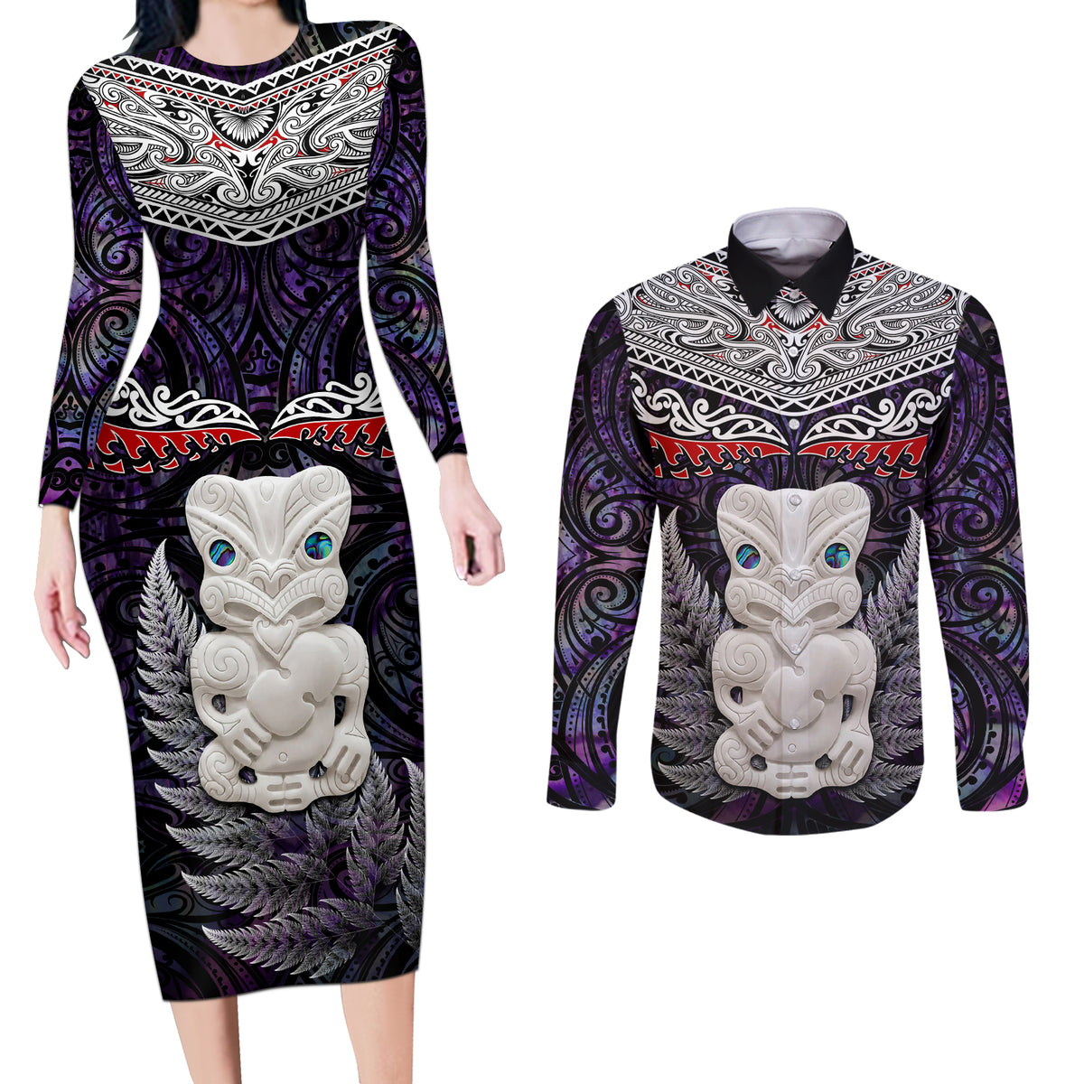 New Zealand Hei Tiki Couples Matching Long Sleeve Bodycon Dress and Long Sleeve Button Shirt Maori Purple Papua Shell Pattern LT03 Purple - Polynesian Pride