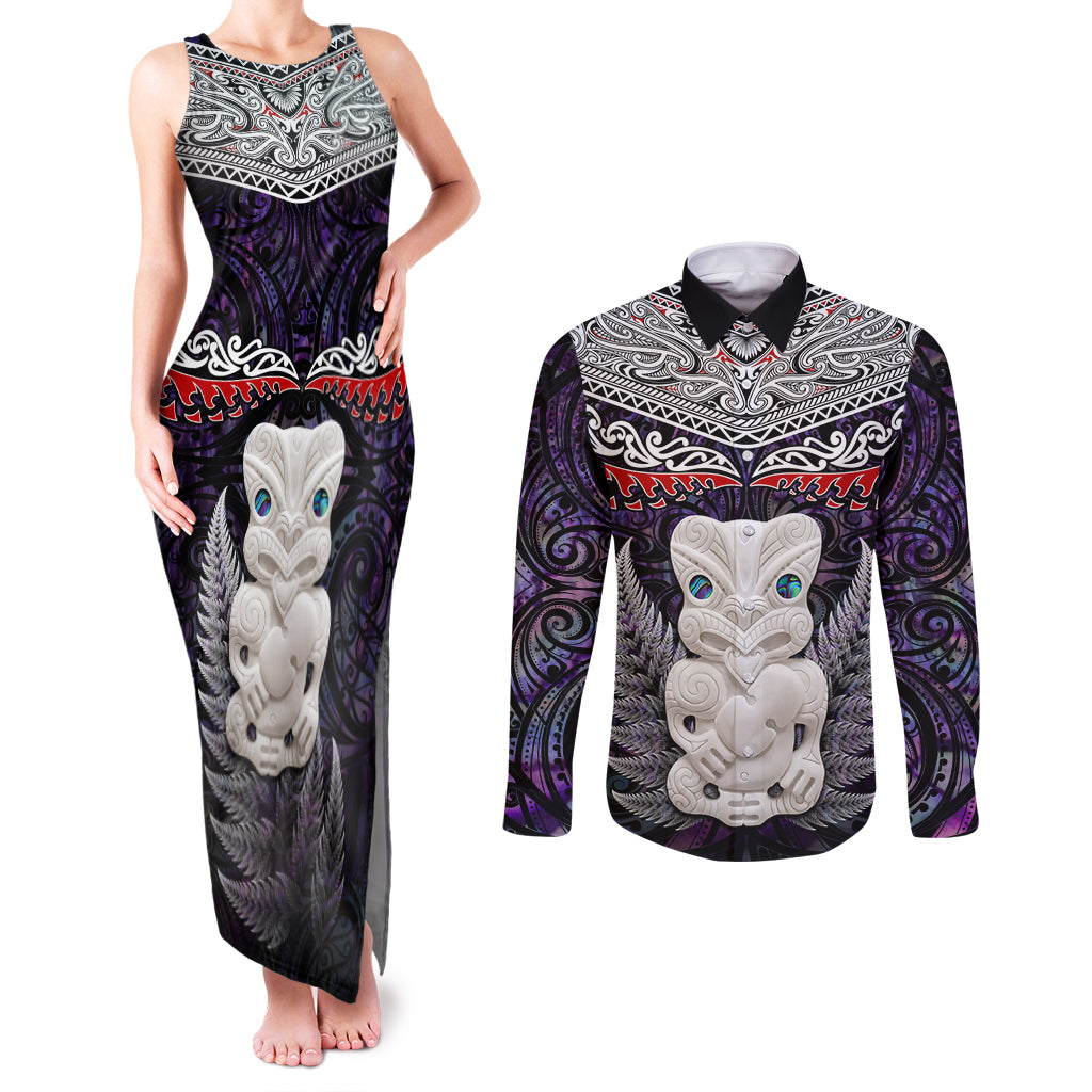 New Zealand Hei Tiki Couples Matching Tank Maxi Dress and Long Sleeve Button Shirt Maori Purple Papua Shell Pattern LT03 Purple - Polynesian Pride