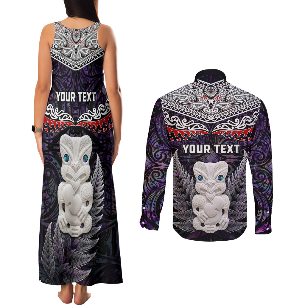New Zealand Hei Tiki Couples Matching Tank Maxi Dress and Long Sleeve Button Shirt Maori Purple Papua Shell Pattern LT03 - Polynesian Pride