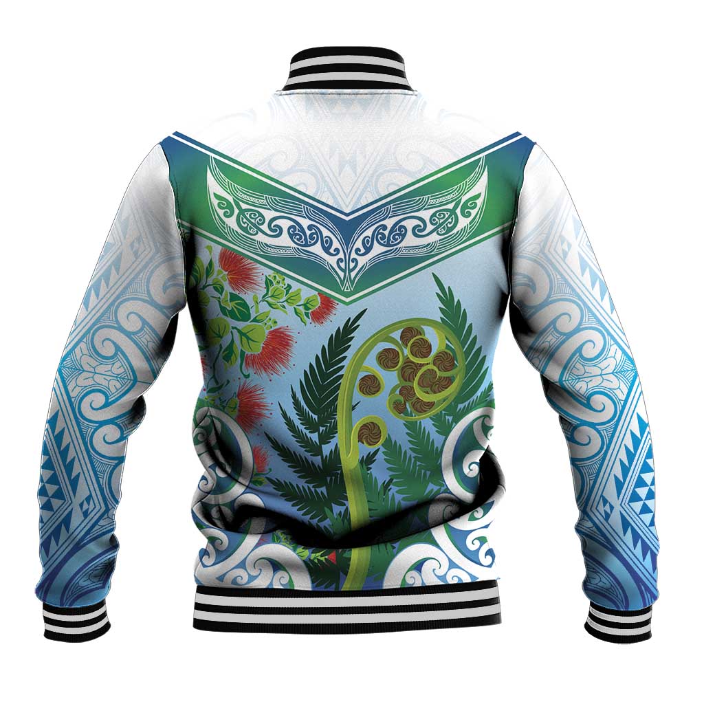 Aotearoa New Zealand Natural Plants Baseball Jacket Pohutukawa with Silver Ferns Koru Frond Maori Tattoos