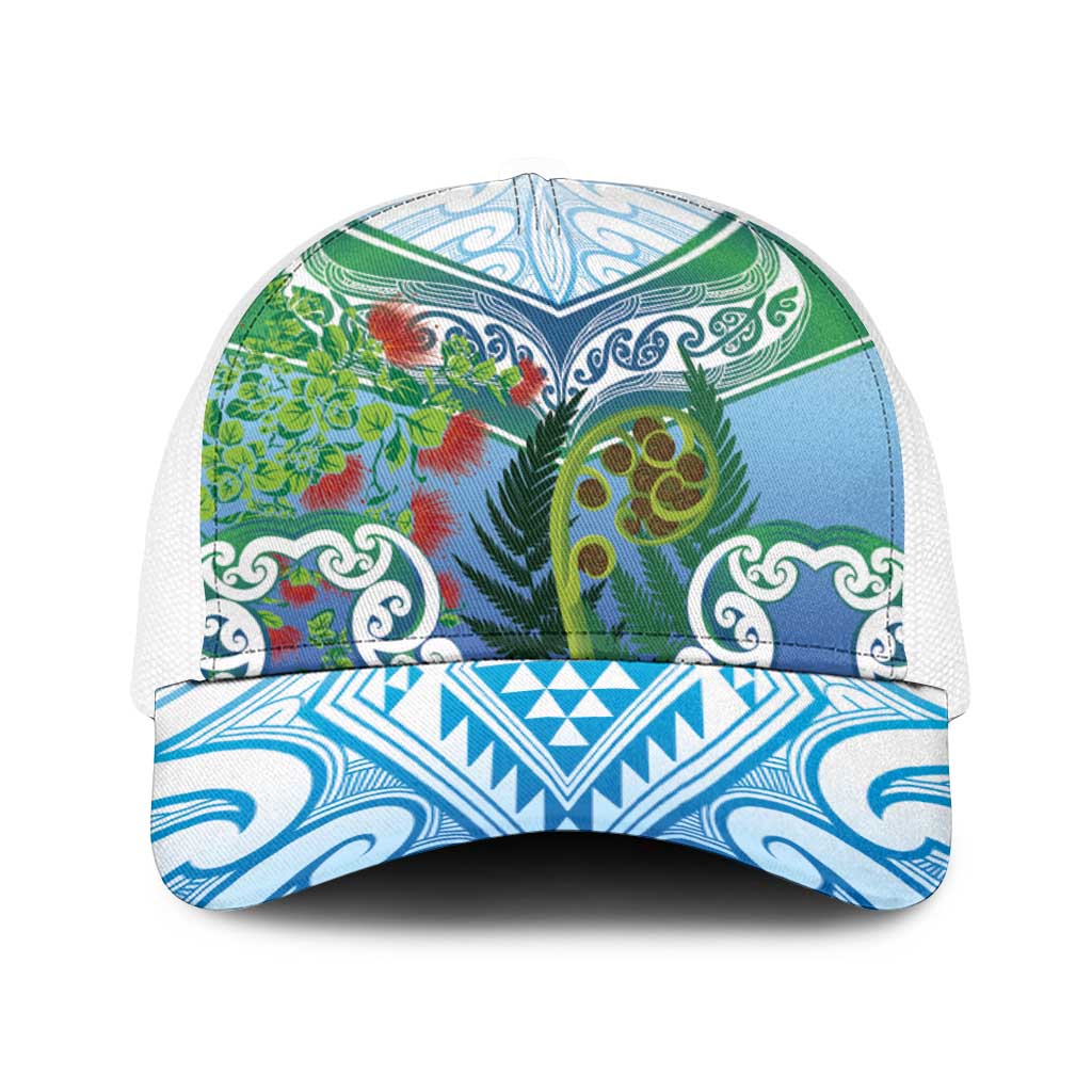 Aotearoa New Zealand Natural Plants Baseball Net Cap Pohutukawa with Silver Ferns Koru Frond Maori Tattoos
