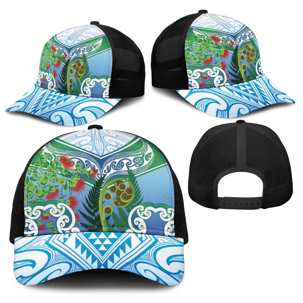 Aotearoa New Zealand Natural Plants Baseball Net Cap Pohutukawa with Silver Ferns Koru Frond Maori Tattoos