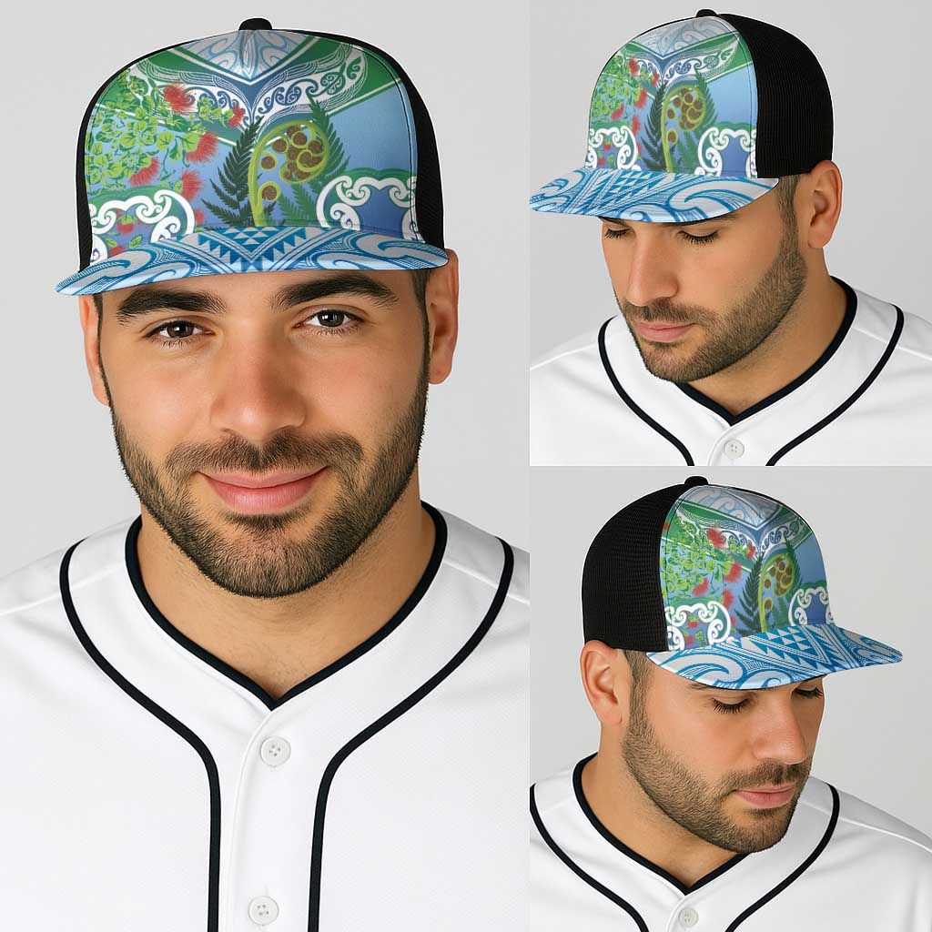 Aotearoa New Zealand Natural Plants Baseball Net Cap Pohutukawa with Silver Ferns Koru Frond Maori Tattoos