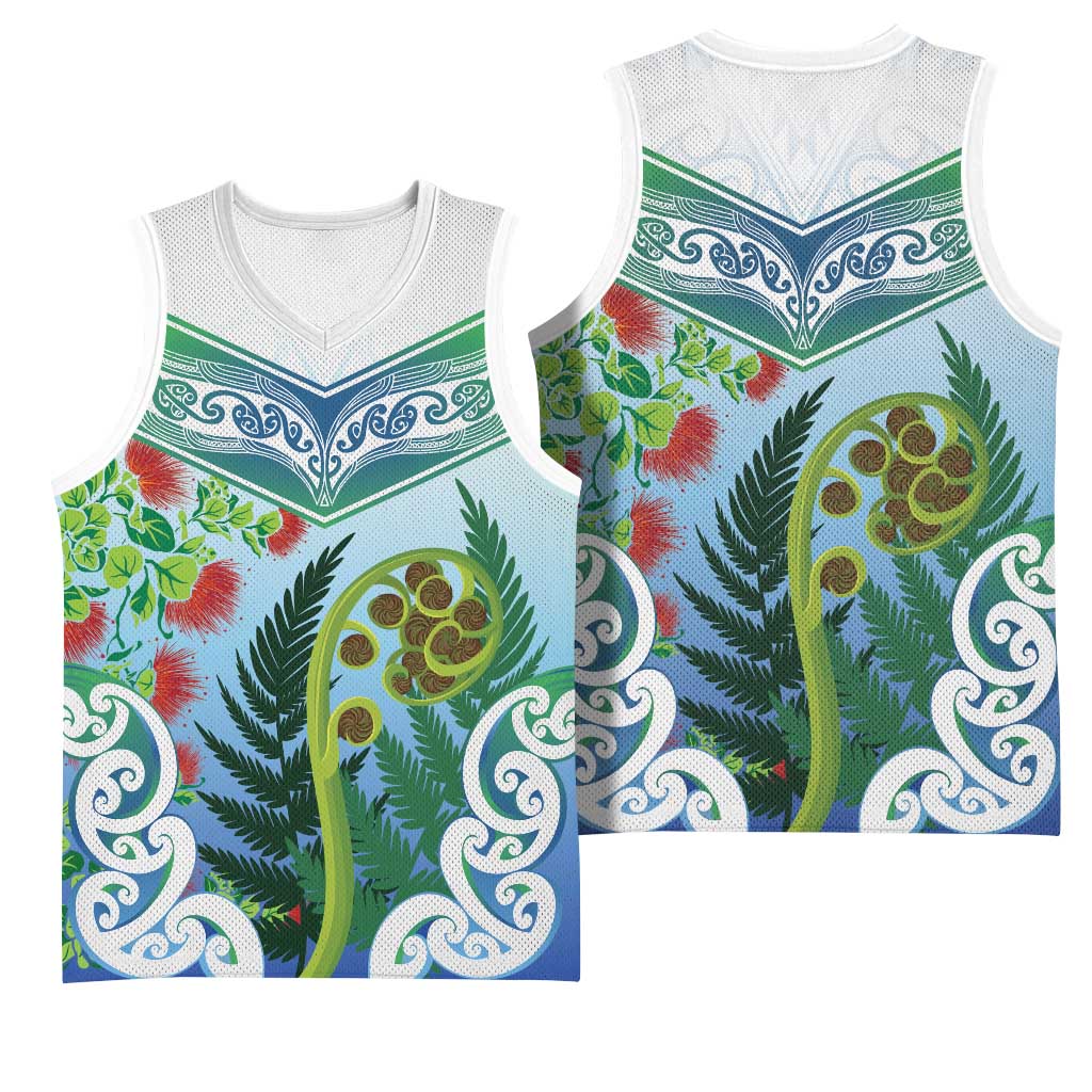 Aotearoa New Zealand Natural Plants Basketball Jersey Pohutukawa with Silver Ferns Koru Frond Maori Tattoos LT03 - Polynesian Pride