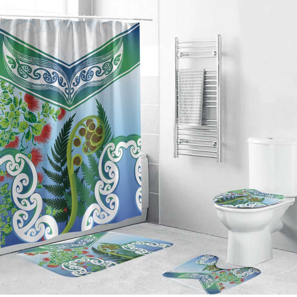 Aotearoa New Zealand Natural Plants Bathroom Set Pohutukawa with Silver Ferns Koru Frond Maori Tattoos LT03 Bathroom Set (4 pcs) Multicolor - Polynesian Pride