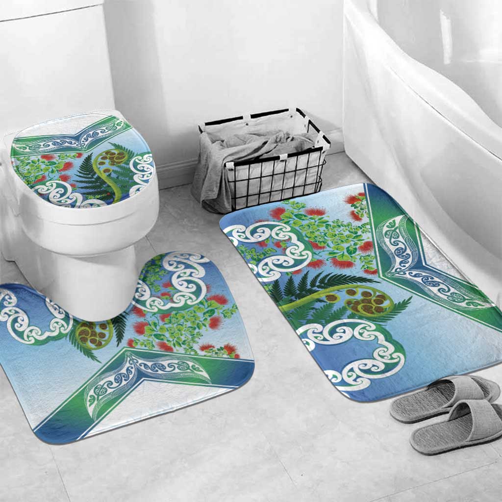 Aotearoa New Zealand Natural Plants Bathroom Set Pohutukawa with Silver Ferns Koru Frond Maori Tattoos LT03 Mat Set Only (3 pcs) One Size Multicolor - Polynesian Pride