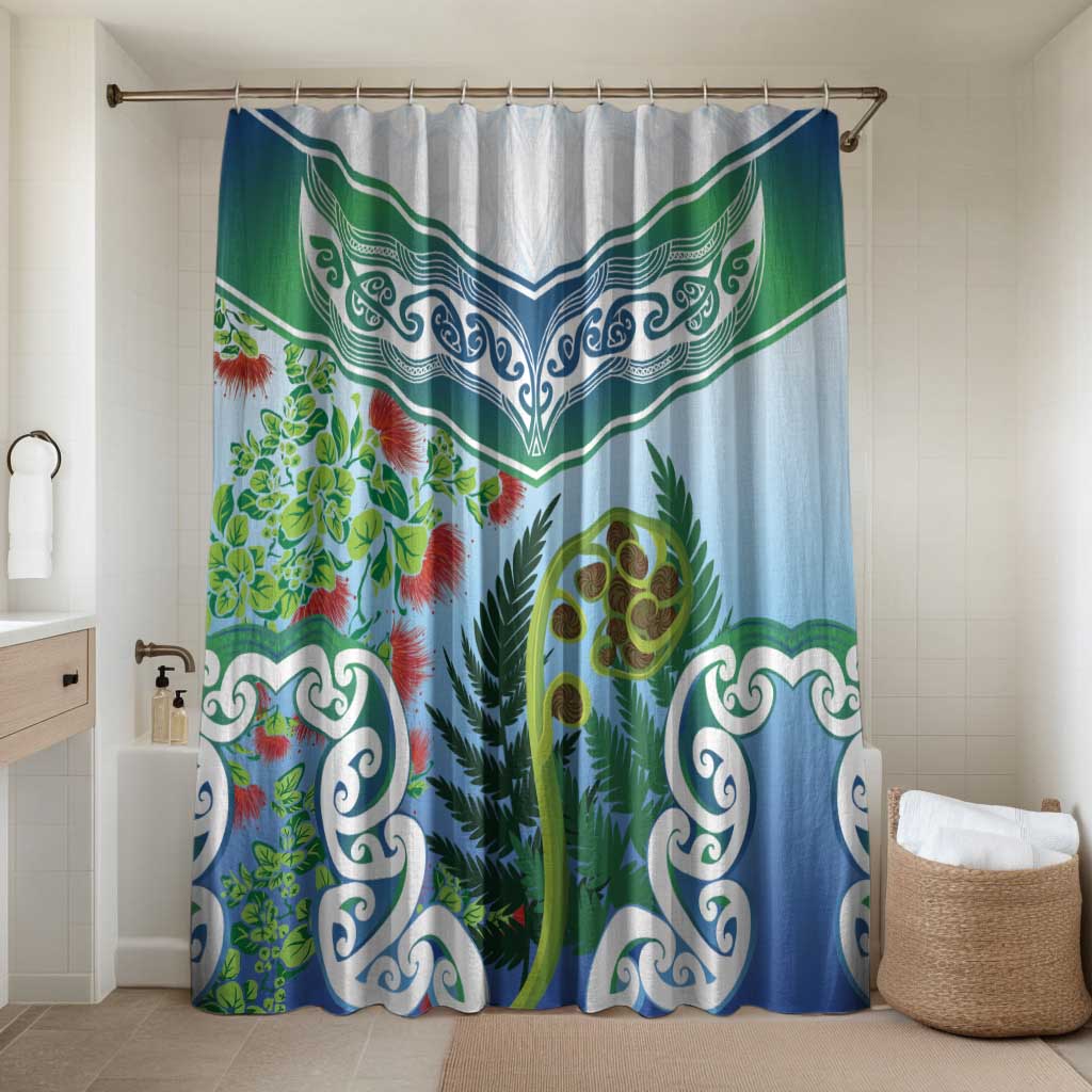 Aotearoa New Zealand Natural Plants Bathroom Set Pohutukawa with Silver Ferns Koru Frond Maori Tattoos LT03 Shower Curtain Only Multicolor - Polynesian Pride