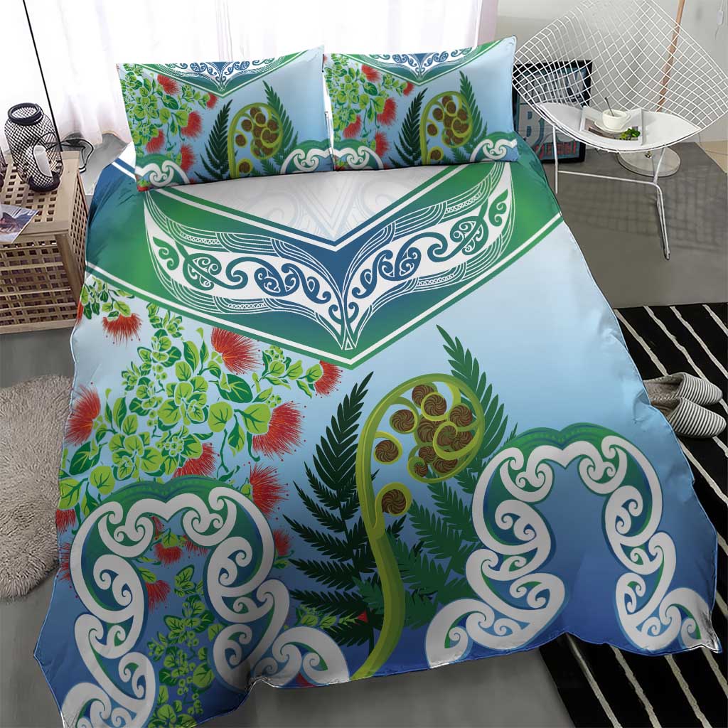 Aotearoa New Zealand Natural Plants Bedding Set Pohutukawa with Silver Ferns Koru Frond Maori Tattoos