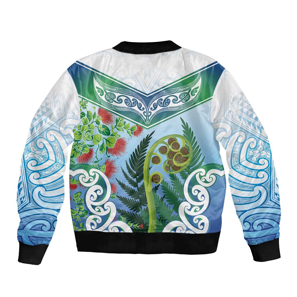 Aotearoa New Zealand Natural Plants Bomber Jacket Pohutukawa with Silver Ferns Koru Frond Maori Tattoos