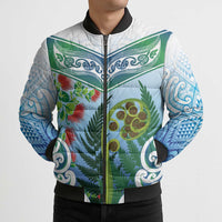 Aotearoa New Zealand Natural Plants Bomber Puffer Jacket Pohutukawa with Silver Ferns Koru Frond Maori Tattoos