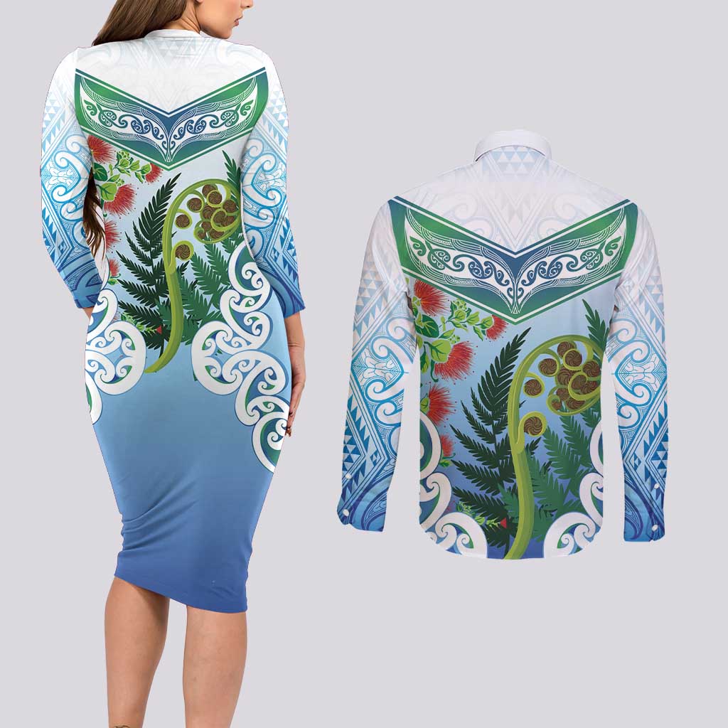 Aotearoa New Zealand Natural Plants Couples Matching Long Sleeve Bodycon Dress and Long Sleeve Button Shirt Pohutukawa with Silver Ferns Koru Frond Maori Tattoos LT03 - Polynesian Pride