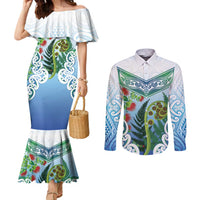Aotearoa New Zealand Natural Plants Couples Matching Mermaid Dress and Long Sleeve Button Shirt Pohutukawa with Silver Ferns Koru Frond Maori Tattoos LT03 Multicolor - Polynesian Pride