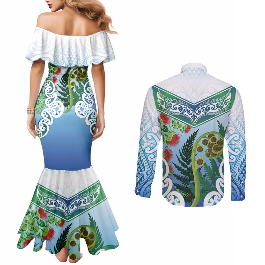 Aotearoa New Zealand Natural Plants Couples Matching Mermaid Dress and Long Sleeve Button Shirt Pohutukawa with Silver Ferns Koru Frond Maori Tattoos LT03 - Polynesian Pride