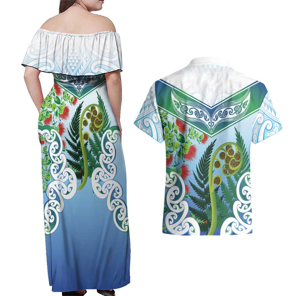 Aotearoa New Zealand Natural Plants Couples Matching Off Shoulder Maxi Dress and Hawaiian Shirt Pohutukawa with Silver Ferns Koru Frond Maori Tattoos LT03 - Polynesian Pride